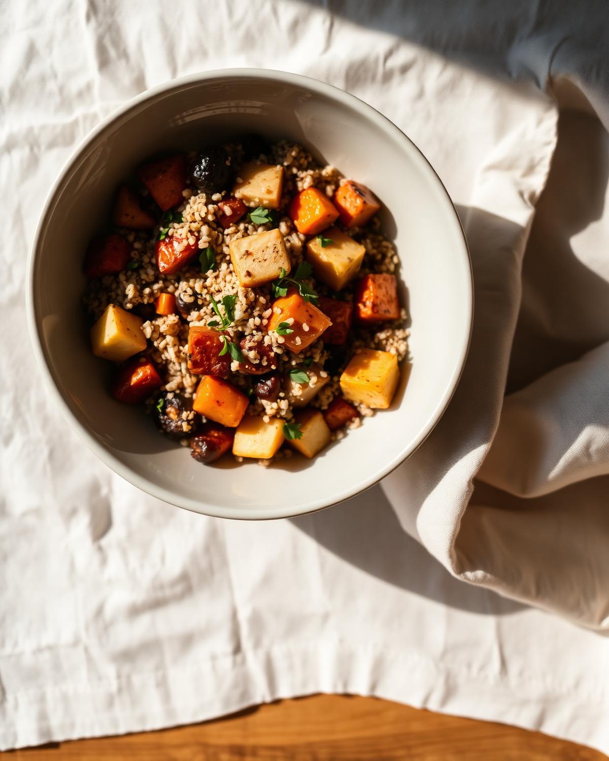 A warm, sunlit gluten-free grain bowl on linen