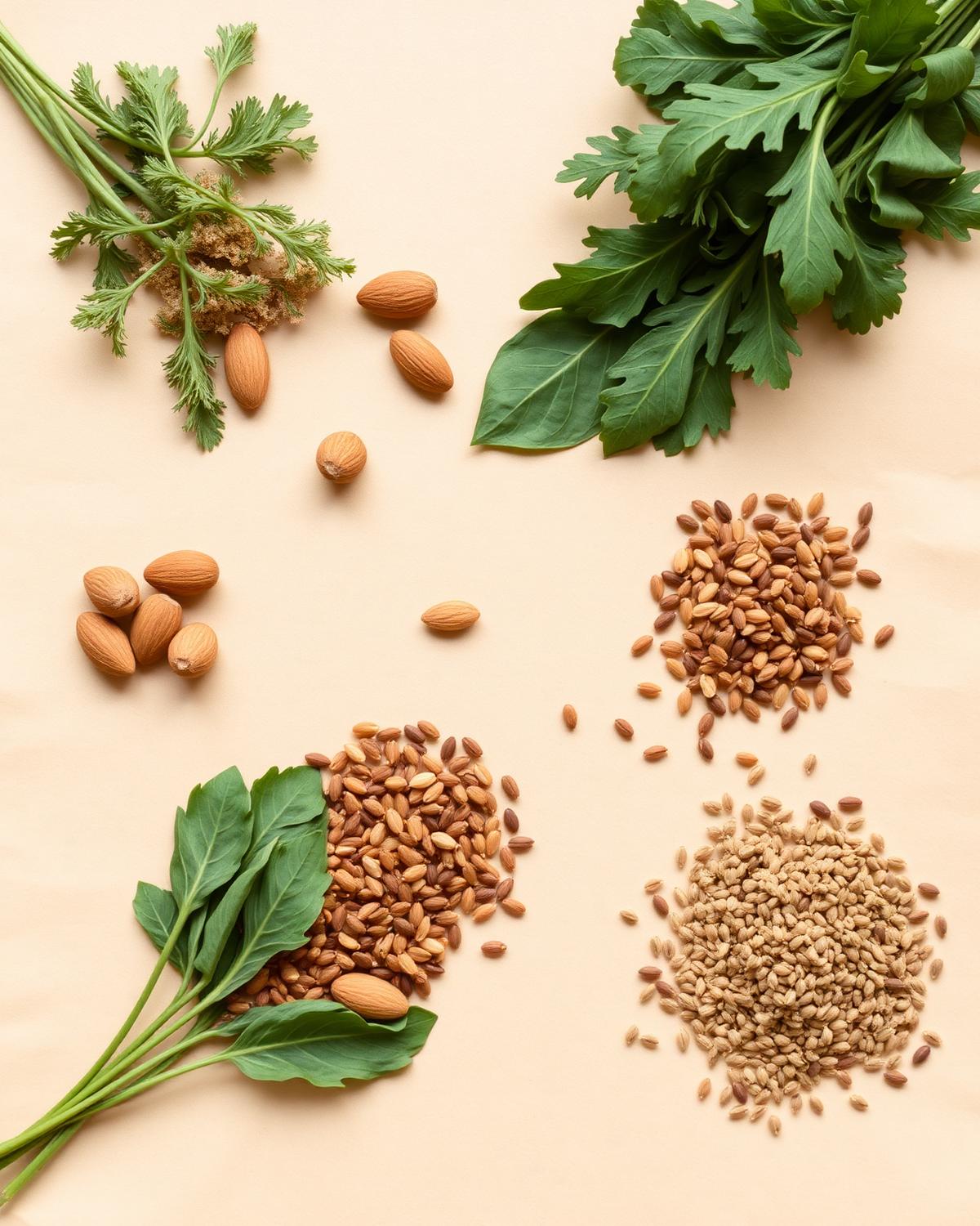 Fresh herbs, almonds, and whole grains arranged on parchment