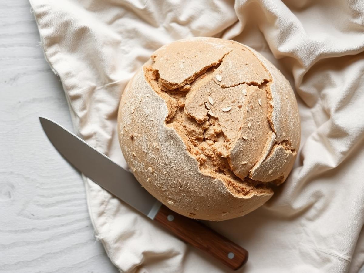 A round gluten-free buckwheat sourdough loaf on linen