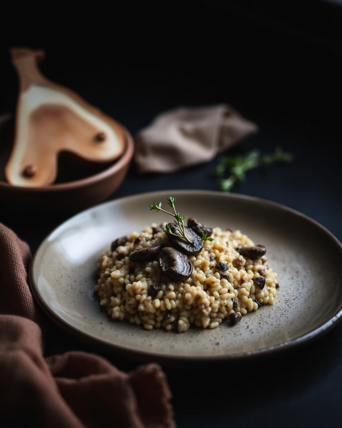 Wild mushroom risotto on a stoneware plate